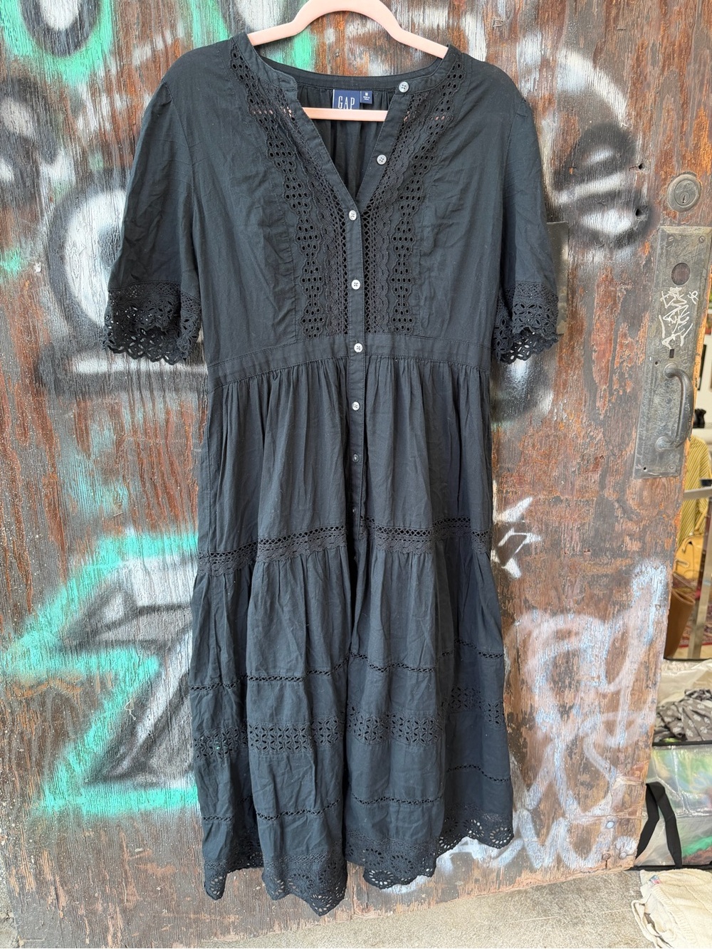 GAP Black Eyelet Button-Front Midi Dress - Picture 3 of 7